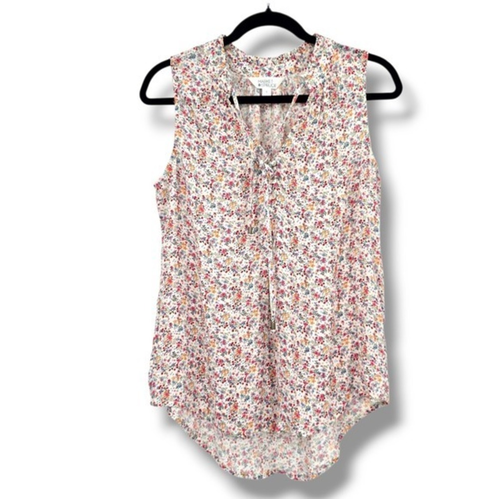 Market & Spruce Floral Blouse Sleeveless Tie Neck Casual Top Size S